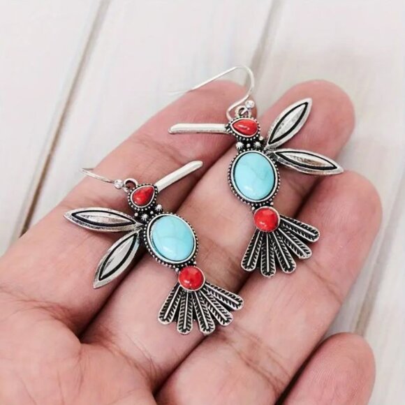NEW Silver Plated Turquoise Blue and Red Stone Hummingbird Drop Earrings - Picture 2 of 4